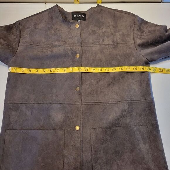 BLVD Dark Gray Poly Sueded Long Line Trench Coat Duster Jacket Snap Closures - Picture 13 of 15